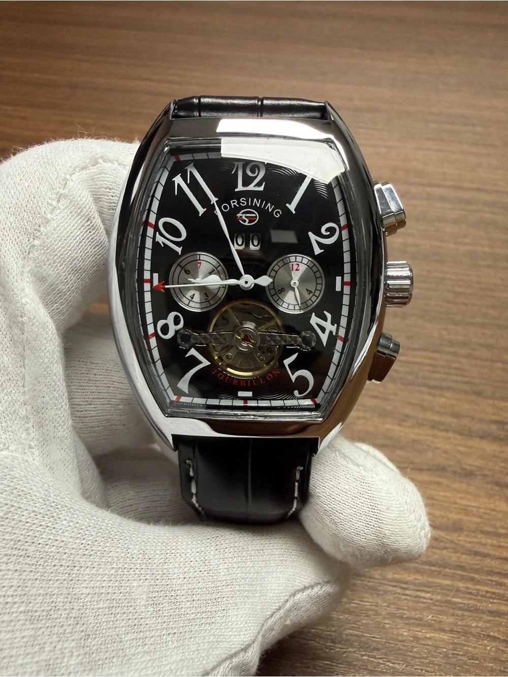Black Dial Men’s Leather Strap Tourbillon Watch